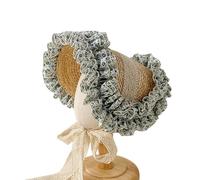 Cappello di paglia da indossare tutti i giorni, cappello da bambina, con top piatto, protezione solare, in pizzo, con fiore, francese, leggero, portatile, Verde, Taglia unica