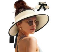 Cappello di Paglia delle Donne con Breccia Larga,Cappello da Sole da Donna Floscio,Cappello Parasole di Paglia Donna Elegante,Pieghevole Estate Cappello Spiaggia per Estate Viaggio Spiaggia Vacanz (A)