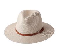 Cappello di paglia morbido panama naturale estivo donna/uomo a tesa larga da spiaggia cappello Fedora, Beige02, L
