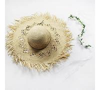 Cappello di Paglia Sole Cappelli di Paglia A Tesa Larga Larghi, Berretto da Spiaggia con Frange A Cerchio Intrecciato, Scava Fuori Il Grande Cappello di Paglia-Beige3