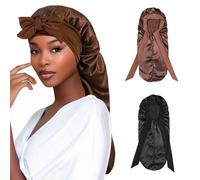 Cappello di Seta Extra Long per Donne Cappello per Dormire Notturno di Raso Regolabile con Fascia Elastica Cuffia di Seta per Dormire Cofano per Capelli per Treccia Ricci Lunghi (Nero, Marrone, 2Pcs)