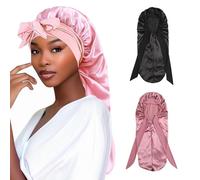 Cappello di Seta Extra Long per Donne Cappello per Dormire Notturno di Raso Regolabile con Fascia Elastica Cuffia di Seta per Dormire Cofano per Capelli per Treccia Ricci Lunghi (Nero, Rosa, 2Pcs)