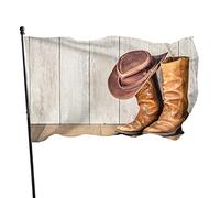 Cappello e stivali Bandiera da giardino 3x5 FT Cappello da cowboy retrò ovest e paio di vecchi stivali di pelle su pavimento in legno Bandiere da cortile in poliestere Casa Patio Prato Striscione di