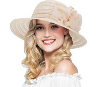 Cappello fascinator da donna in organza a tesa larga in organza Kentucky, cappello da sole in paglia per feste derby, Beige, Taglia unica