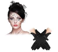 Cappello Fascinator Guanti in Raso da Donna Velo di Piume Maglia Cappello da Tea Party Guanti da Opera Retrò Neri Accessori per Abbigliamento da Donna Anni '20