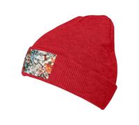 Cappello in maglia nera con stampa di frammenti di pixel in ceramica elasticizzata calda - adatto per uomini e donne, viaggi all'aperto, attività invernali, Rosso, Taglia unica