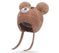 Cappello invernale per bambini con paraorecchie, 1-5 anni, doppio pompon, in ciniglia, lavorato a maglia, caldo, foderato in pile, caldo berretto con paraorecchie con cinturino, per il freddo, colore:
