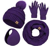 Cappello invernale, sciarpa, guanti e scaldaorecchie, caldo berretto lavorato a maglia, guanti touch screen, set regalo invernale sciarpe per il collo per le donne, Viola, 13*10.23 inch