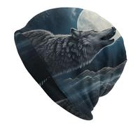 Cappello Lavorato a Maglia con Scritta Luna al Chiaro di Luna, Neve, Notte, Che Ulula, Faro Nautico e Bussola, Caldo Berretto con Risvolto, Elastico, Unisex, Invernale