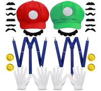 Cappello Mario e Luigi, Mario Costume Accessories, Cappello Su-per-Mario, Mario Bros Cappello Guanti Bretelle Baffi Finti Bottoni Accessori, Cappello Mario Luigi per Costume Carnevale Cosplay (M1)