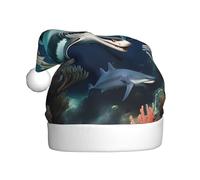Cappello natalizio con squali sotto il mare per adulti. Berretto natalizio festivo con pompon, berretto unisex per feste di Natale.