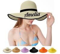 Cappello Paglia Donna con Nome, Cappello Personalizzato Ricamato, Cappello da Sole Donna, Cappello Donna Estivo Tesa Larga, per Spiaggia Vacanze Feste, UPF 50+ (IT, Testo, Taglia unica, Cachi)