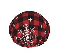 Cappello per capelli con orlo elasticizzato riutilizzabile da donna Fiocchi di neve scozzesi rossi Cuffia da bagno impermeabile per a doppia di Natale