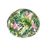Cappello per capelli con orlo elasticizzato riutilizzabile da donna Foglie tropicali Flamingo Summer DoubleCuffia da a impermeabile Cuffia da bagno