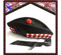 Cappello Scozzese Piper 100% Lana Pura Nero Glengarry Triplo Diced