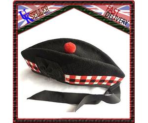Cappello Scozzese Piper 100% Lana Pura Nero Glengarry Triplo Diced