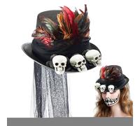 Cappello steampunk, cappello steampunk con teschio, cappelli gotici steampunk, costume di Halloween, cosplay, copricapo per uomini e donne, decorato con teschi, piume, rete nera, SE