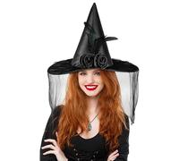 Cappello Strega Halloween Accessori da Strega Donna con Piume Velo | Cappello da Mago Adulto Costume da Strega di Halloween per Cosplay, Carnevale, Festa