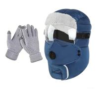 Cappello termico con orecchie con guanti antivento per protezione dal freddo Ri protezione per il collo in poliestere con fodera in lana di pecora per l'inverno all'aperto (blu navy)