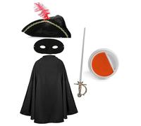 Cappello tricorno nero, mantello nero, maschera per gli occhi neri, spada falsa e facciale arancione e bianco, per adulti TV Movie World Book Day Costume per travestimento