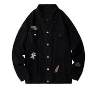 Cappotti cargo da uomo in denim retrò lavato a maniche lunghe con risvolto giacca di jeans americana a tema spaziale giacca di jeans con toppe, Nero C, XL