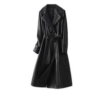 Cappotti da donna in vera pelle di pecora Autunno Inverno di mezza lunghezza Doppiopetto Pizzo Cintura Trench in pelle di agnello, Nero , L