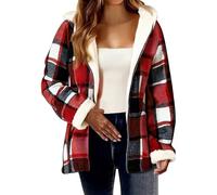 Cappotti invernali da donna caldi in peluche giacche con cappuccio zip up bottone cardigan alla moda plaid in pile fuzzy capispalla, Rosso, L