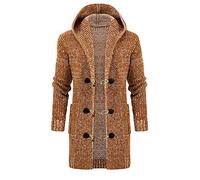 Cappotto caldo con cappuccio da uomo con fibbia in corno oversize a righe retrò maglia spessa cotone inverno lungo maglione cappotto con tasca maglione abbottonato uomo, cachi., XL