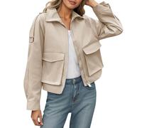 Cappotto caldo da donna con cerniera, cappotto da donna, invernale, tinta unita, antivento, corto, elegante, leggero, per moto, cachi., XL