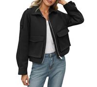 Cappotto caldo da donna con cerniera, cappotto da donna, invernale, tinta unita, antivento, corto, elegante, leggero, per moto, Nero , M