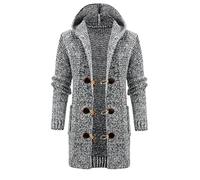 Cappotto con cappuccio da uomo con fibbia in corno oversize a righe retrò in maglia spessa cotone inverno lungo maglione cappotto con tasca felpa cappuccio senza spago, grigio, M