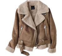 Cappotto Corto Corto in Ecopelle da Donna Marrone per l'inverno Giacca Integrata in Pelliccia Vintage con Cerniera con Risvolto Maniche Lunghe Giacche Capispalla Femminili, Brown, M Short