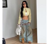 Cappotto corto da donna autunno/inverno streetwear rave hippie athleisure Y2K basic comodo con cerniera a pois gialli vestibilità aderente maniche lunghe, autunno per donne L,M,S,XL,XS,XXSPoisTessuto 