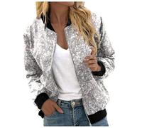 Cappotto da donna con paillettes, giacca bomber con zip, giacca bomber da donna, con cerniera, giacca da pilota primaverile, giacca leggera da donna, argento, XXL