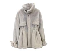 Cappotto da donna in finta pelliccia di visone, maniche lunghe, coulisse con cerniera, giacca soffice, morbida, calda, larga, invernale, Bianco perla, Medium
