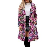 Cappotto da donna in pelliccia sintetica leopardata, a maniche lunghe, con risvolto, giacca lunga fuzzy in pelliccia sintetica soffice cardigan soprabito, Rosso rosato, XXL