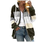 Cappotto da donna, in peluche, con cappuccio, grande dimensione, con blocco di colore, per autunno e inverno, in pile, caldo con cappuccio, con tasche, chiusura lampo, casual, Verde militare 8., M