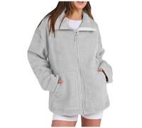 Cappotto da donna oversize in pile felpato, foderato in morbido pile, con doppia cerniera, per lounge e uscite, morbido e caldo, a maniche lunghe, tinta unita, in pile Sherpa, 03 Grigio., XXL