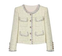 Cappotto da donna retrò con perline di diamante per industria pesante, piccolo profumo, giallo chiaro, M