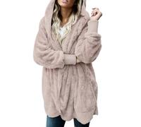 Cappotto da donna sfocato giacca soffice da donna a maniche lunghe aperto sul davanti cardigan con cappuccio in pile shaggy cappotto invernale per la vita quotidiana regali di Natale, cachi, XXL