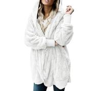 Cappotto da donna sfocato giacca soffice da donna a maniche lunghe aperto sul davanti cardigan con cappuccio in pile shaggy cappotto invernale per la vita quotidiana regali di Natale, bianco, XL