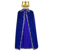 Cappotto da regina in velluto + corona re regina per donne e uomini, Halloween, adulti, feste a tema, teatro, carnevale, carnevale, accessori (125 cm/49,2 pollici, blu)