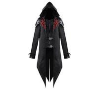Cappotto da uomo medievale da cavaliere con cappuccio, cappotto da spadaccino retrò patchwork per Halloween, costume storico per cosplay rinascimentale, eventi a tema fantasy, abiti vintage, Nero , L