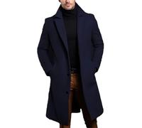 Cappotto di lana da uomo di media lunghezza tinta unita monopetto caldo giacca a vento soprabito, Blu scuro, XXL