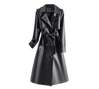 Cappotto di trincea della pelle di pecora per le donne Autunno di mezza lunghezza Cintura a doppio petto in vera pelle sottile capispalla lungo sottile, Nero , 3XL