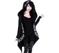 Cappotto gotico, cardigan da donna, con cappuccio, giacca punk, abbigliamento steampunk, abbigliamento per feste, autunno, inverno, luna, stampa da montagna, streetwear, Nero , S