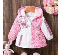 Cappotto imbottito foderato termico, con cappuccio, maniche lunghe, stampa a blocchi di colore, a forma di MIMI gatto principessa, adatto per bambine, in tessuto soffice, in lunghezza media, con cintu