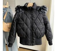 Cappotto imbottito per adolescenti, con cappuccio e colletto in pelliccia, polsini e orlo con motivo a diamante, adatto per il gioco e il ritorno a scuola, inverno e autunno 14Y,13Y,16Y,15YColore unic