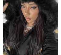 Cappotto in piuma nero vestibilità aderente da donna, stile streetwear casual sexy chic Y2K, basic, caldo/per climi freddi/termico, grunge, con cappello in pelliccia sintetica L,M,S,XS,XXSRitrattoTess