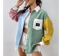 Cappotto in velluto a coste con blocchi di colore, spalle a caduta e patch con lettera, adatto per l'autunno/inverno L,M,S,XL,XS,XXLBlocchi di colore,LettereTessuto intrecciato